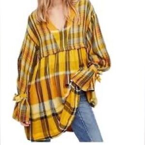 Free people Yellow Plaid Mini Dress tunic top bell sleeve and 2 pockets